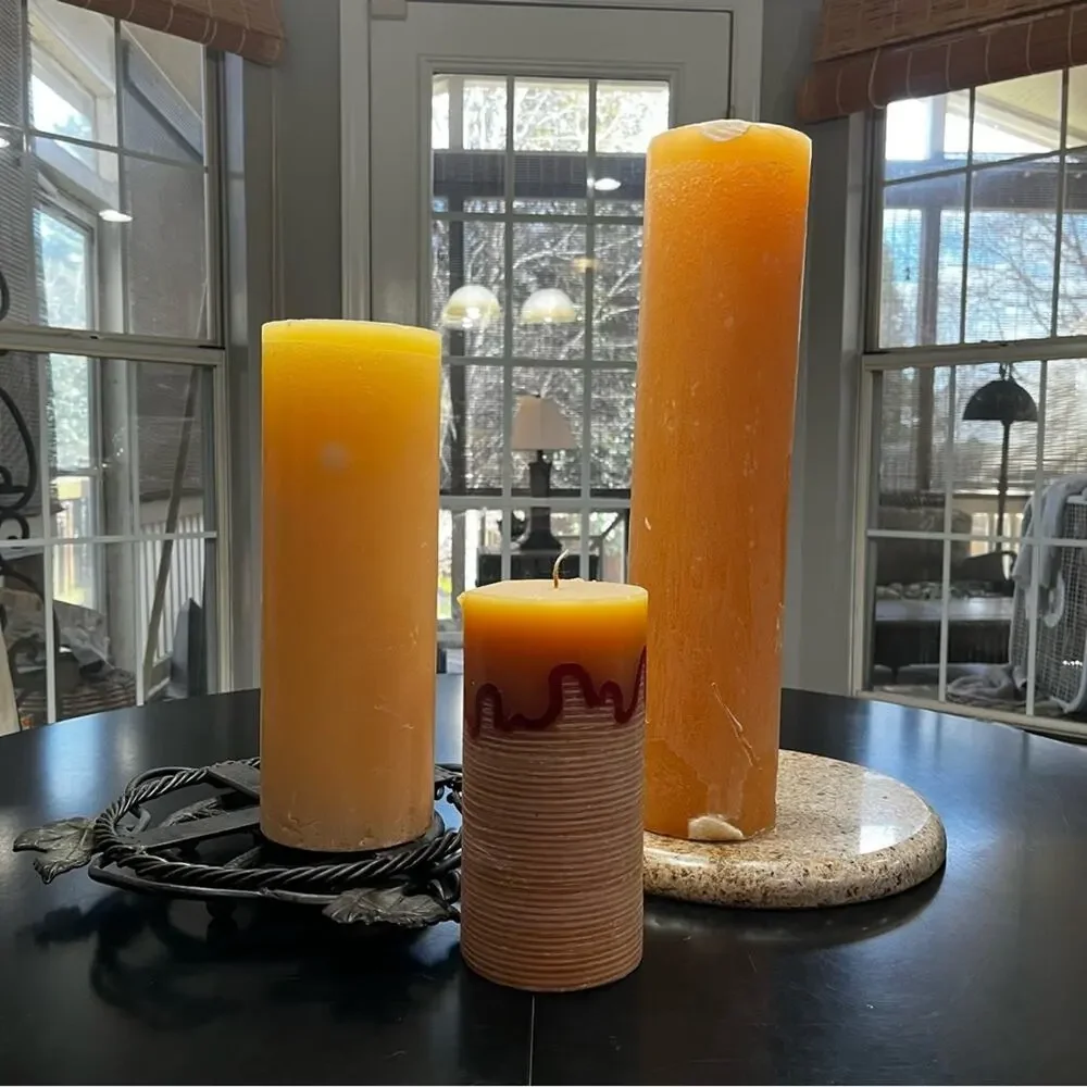 NEW Pier 1 Timber Pillar Cylinder African Amber Tri-Tone Textured 8” Wax Candle